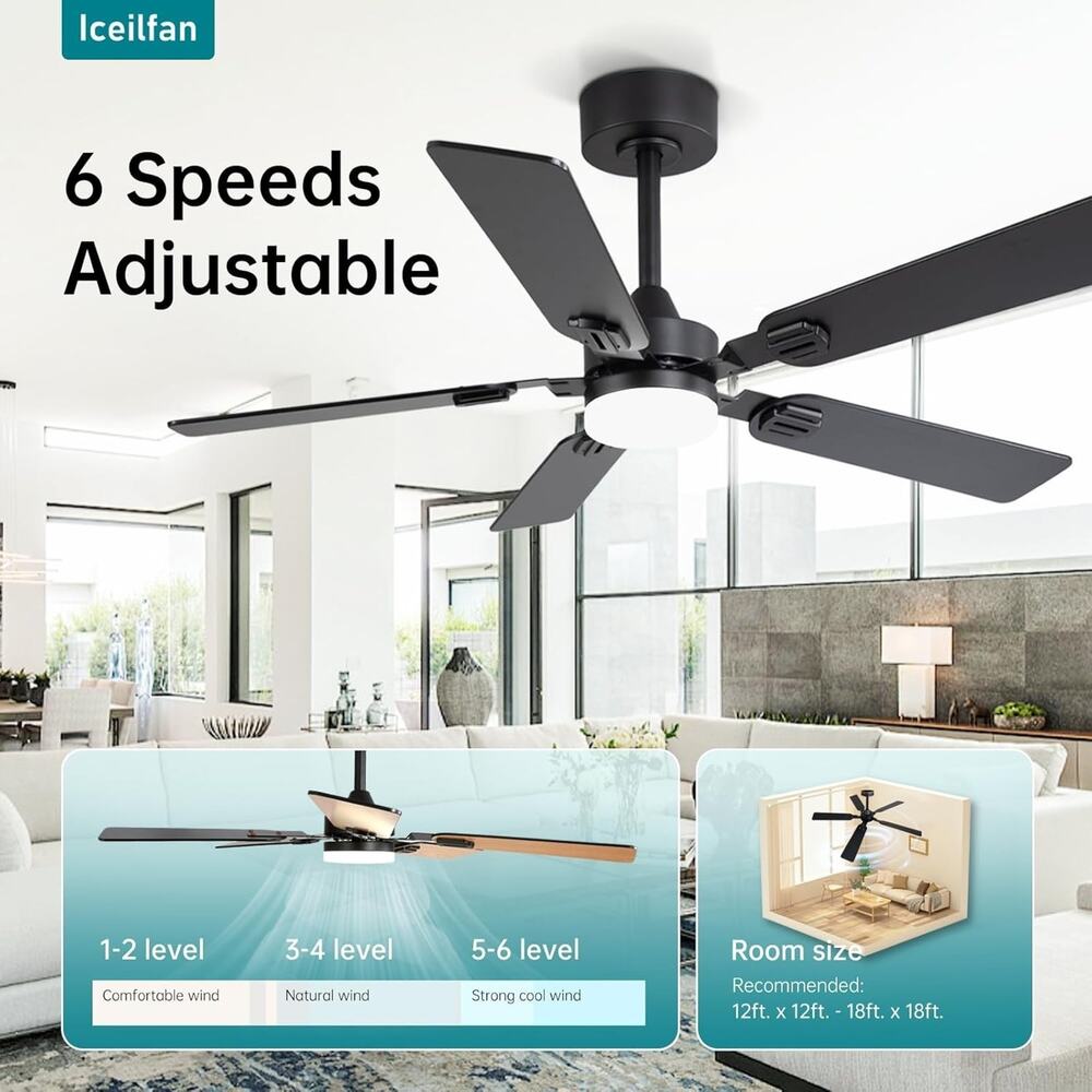 Black 52 Inch Ceiling Fans With Lights, Modern Double-Sided Fan Blade Dimmable - Picture 4 of 6